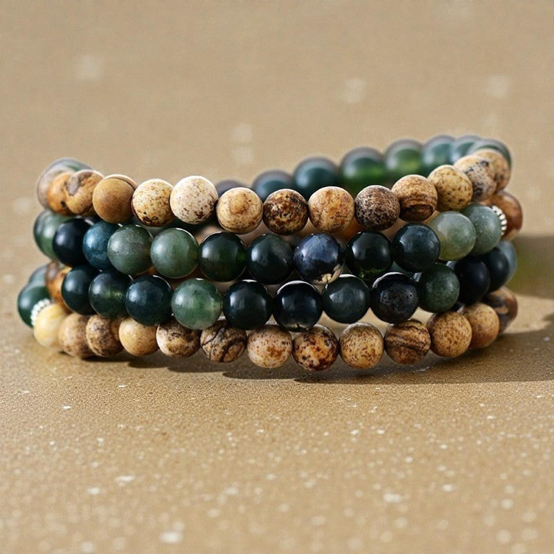 ATELIER-TIBET – Bracelet Mala Gaia en Agate Mousse & Jaspe Paysage