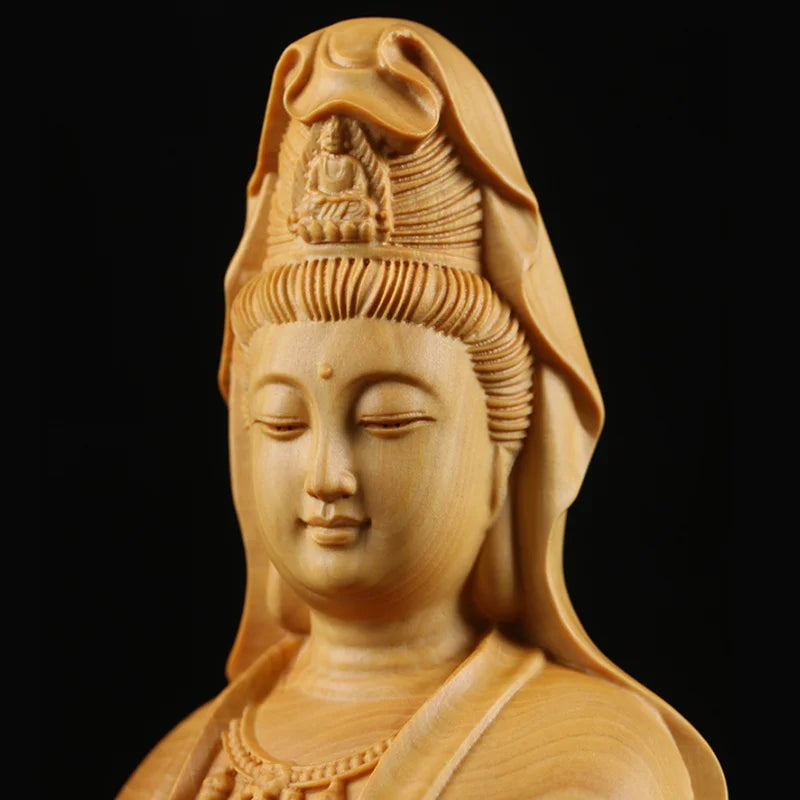 ATELIER-TIBET Statue Japonaise Guan Yin en Bois Massif | Sculpture Zen Compassion & Sérénité