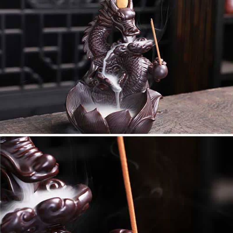 ATELIER-TIBET Brûleur d'encens en céramique à motif de dragon et de lotus