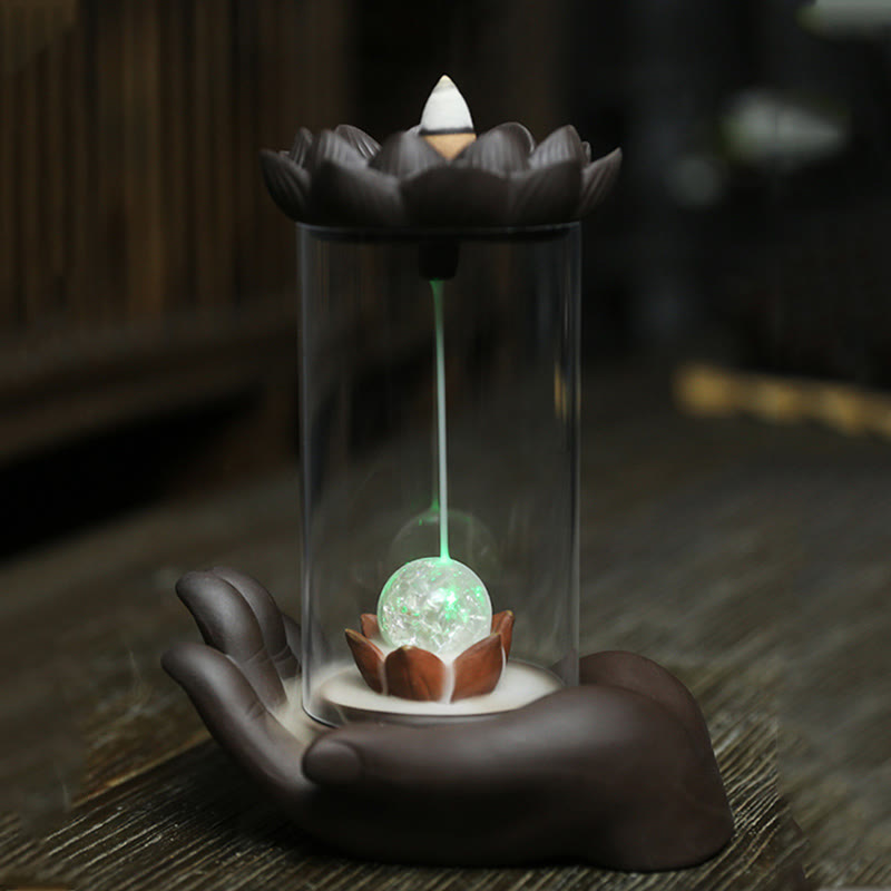 ATELIER-TIBET – Porte-Encens Main de Bouddha Lotus Éveil en Argile Pourpre avec LED