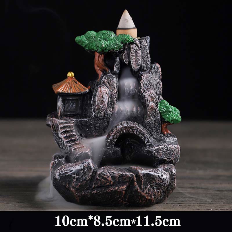 ATELIER-TIBET Brûleur d'encens à reflux en résine de méditation à motif de ponts de montagne
