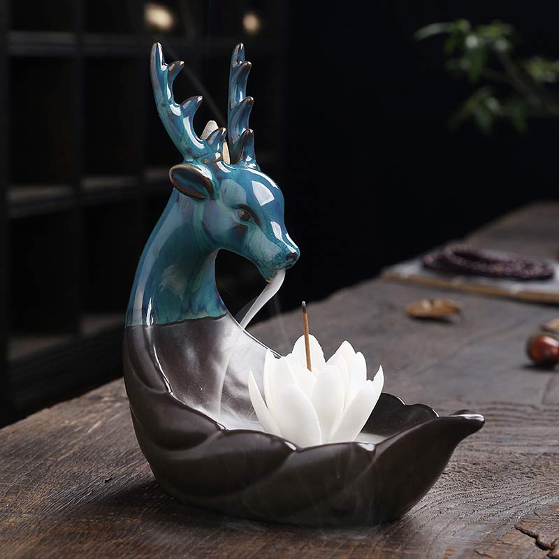 ATELIER-TIBET – Brûleur d’Encens en Céramique Lotus & Cerf à Reflux