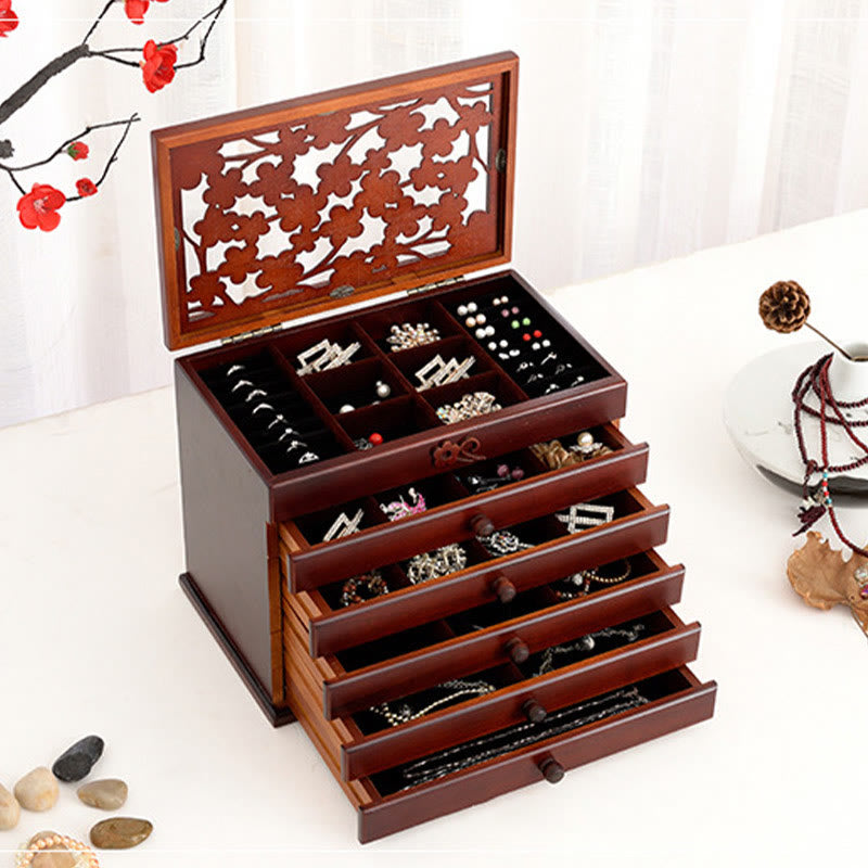 ATELIER-TIBET Boîte à bijoux en bois sculpté à six niveaux avec Buddha Stones et fleur de prunier vintage
