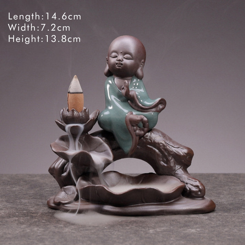 ATELIER-TIBET Brûleur d'encens en céramique avec bénédiction de lotus et petit moine en Buddha Stones