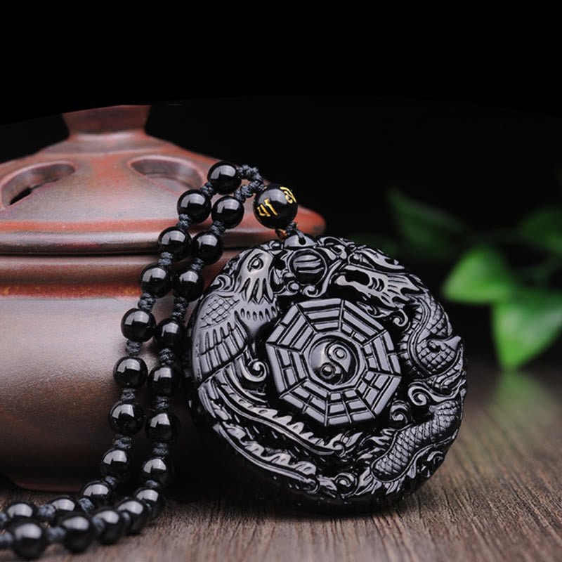 ATELIER-TIBET – Pendentif Bagua Dragon & Phénix en Obsidienne Noire Naturelle