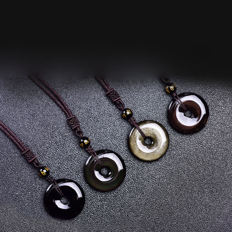 ATELIER-TIBET – Collier de Protection en Obsidienne Naturelle – Pendentif Circulaire Triple Pierre – Unisexe