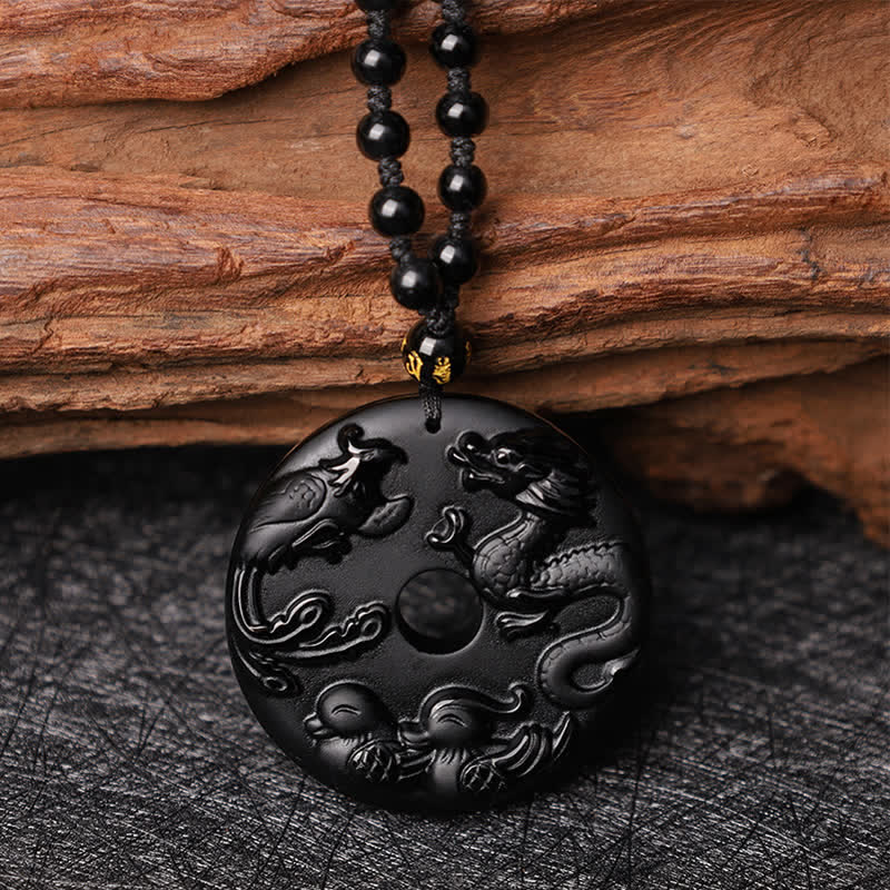 ATELIER-TIBET – Collier Dragon & Phénix en Obsidienne Noire Naturelle