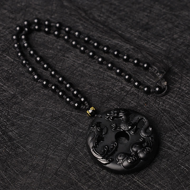 ATELIER-TIBET – Collier Dragon & Phénix en Obsidienne Noire Naturelle