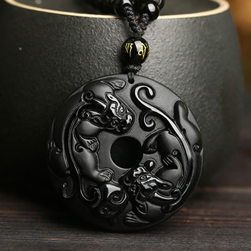 ATELIER-TIBET – Collier Pixiu & Boucle de Paix en Obsidienne Noire Naturelle