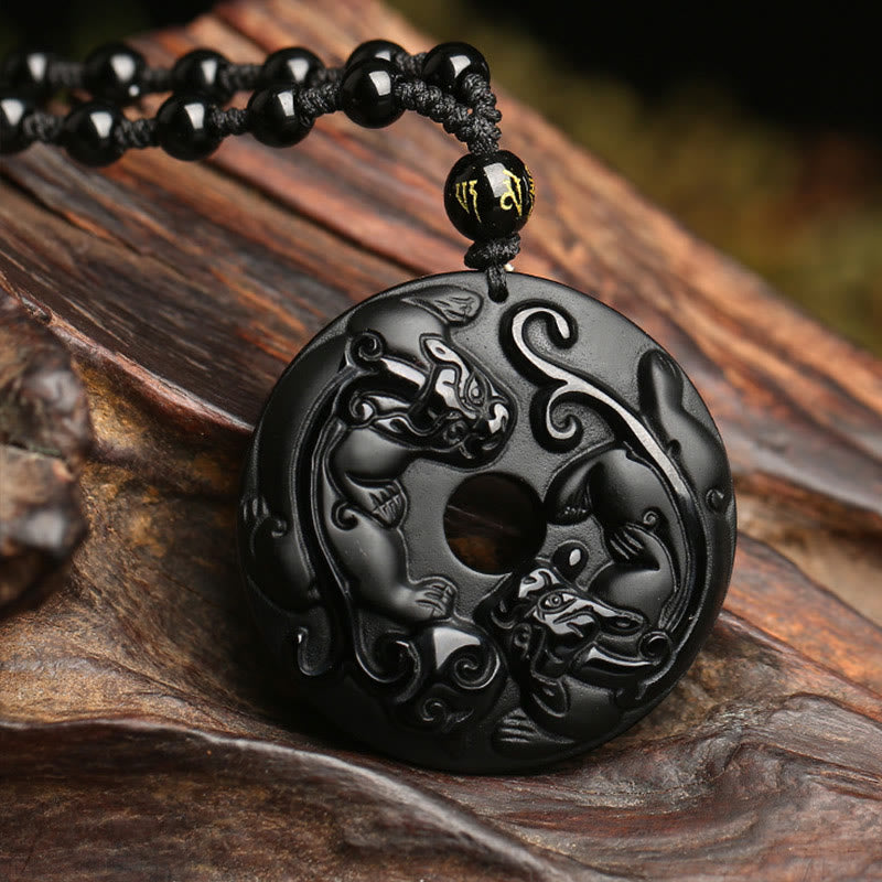 ATELIER-TIBET – Collier Pixiu & Boucle de Paix en Obsidienne Noire Naturelle