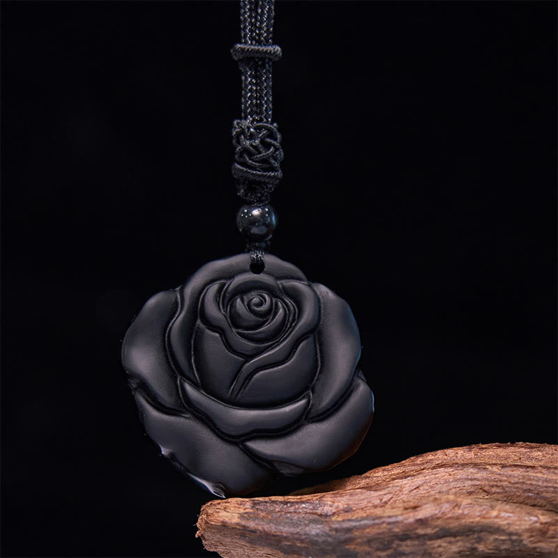 ATELIER-TIBET – Collier Pendentif Rose en Obsidienne Noire Naturelle
