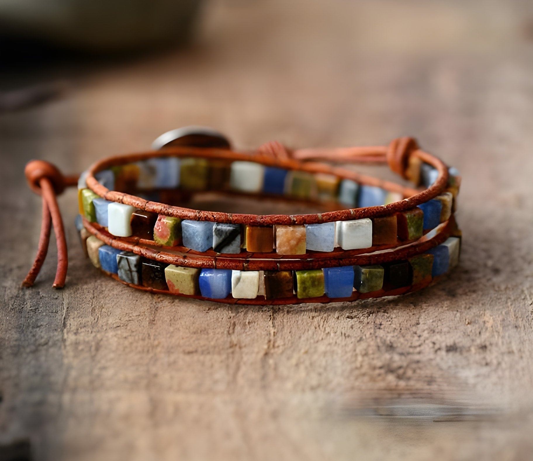 ATELIER-TIBET – Bracelet Double Tour « Vie Colorée » en Pierres Naturelles & Cuir