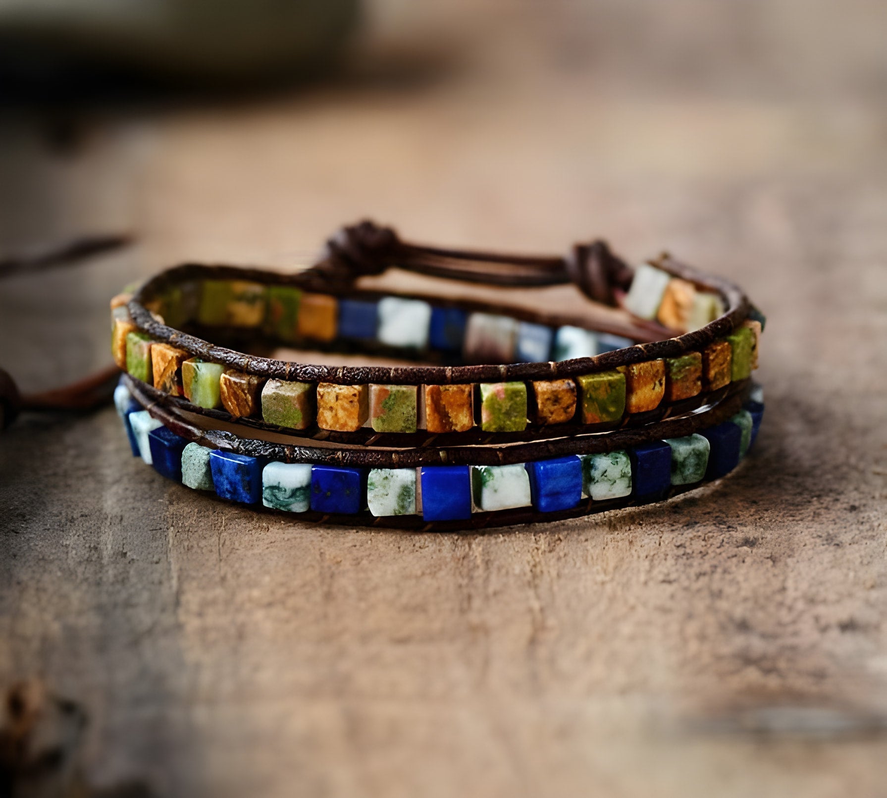 ATELIER-TIBET – Bracelet Double Tour « Vie Colorée » en Pierres Naturelles & Cuir