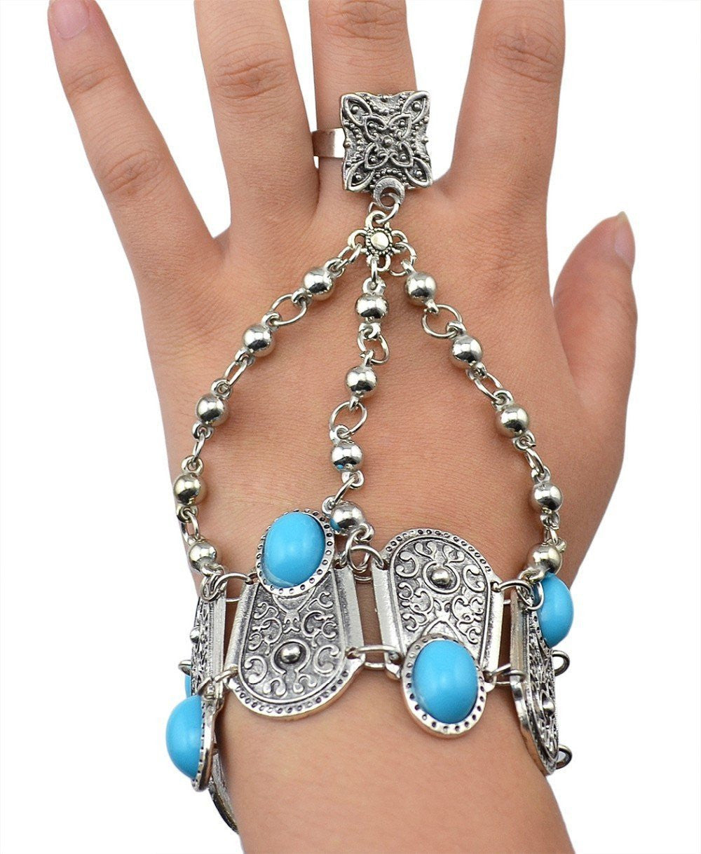 ATELIER-TIBET – Chaîne de Main Bohème en Argent Vintage avec Fleur & Pièce (Ajustable)
