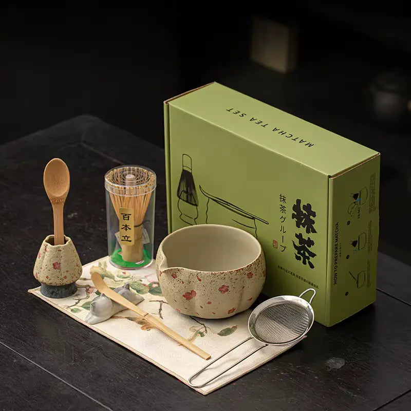 Coffret Matcha Japonais – Bol Fleuri Céramique & Bambou