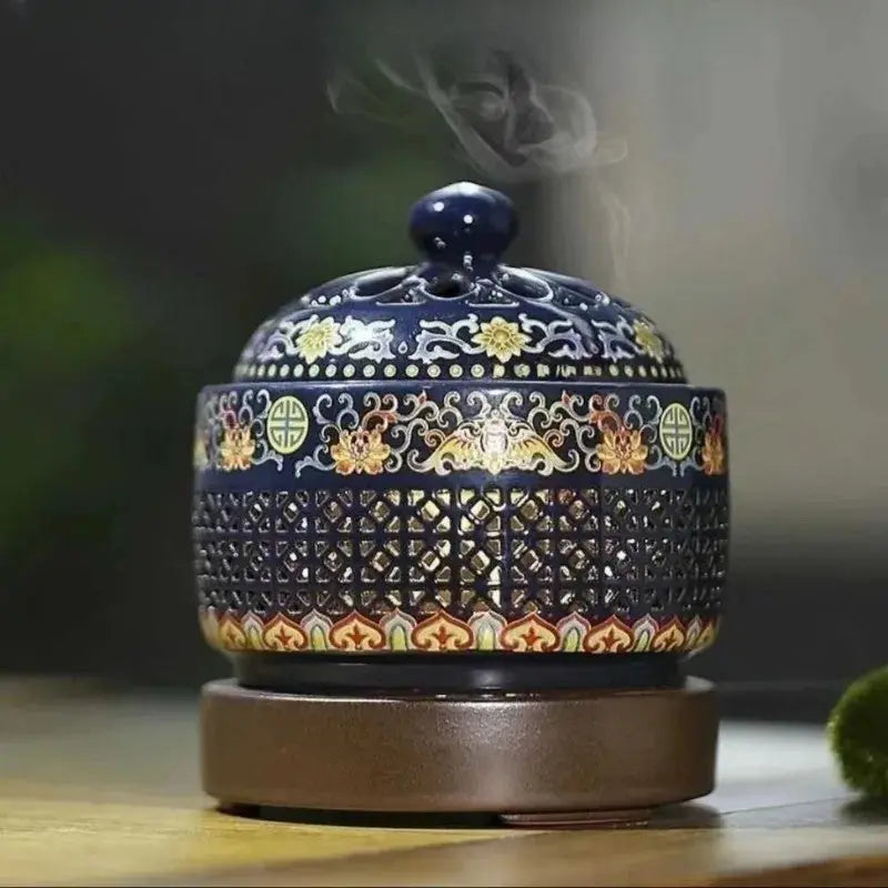 ATELIER-TIBET – Brûleur Électrique d’Encens Émaillé Bleu, Diffusion Poudre & Résine
