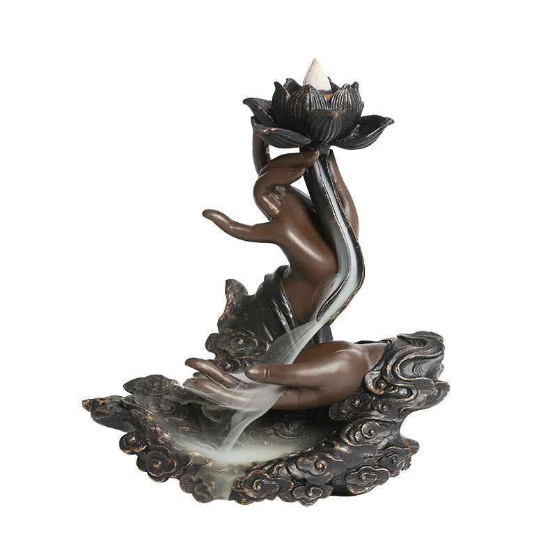 ATELIER-TIBET Brûleur d'encens à reflux en résine avec Buddha Stones et main de Bouddha, motif de nuages propices, méditation