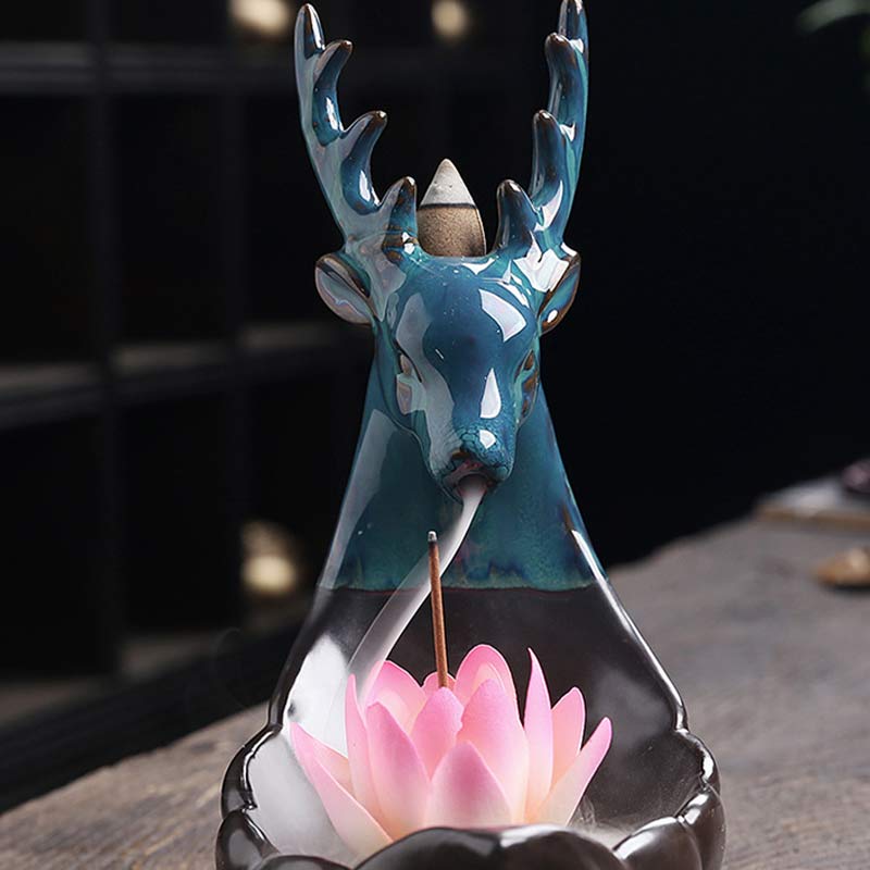 ATELIER-TIBET – Brûleur d’Encens en Céramique Lotus & Cerf à Reflux