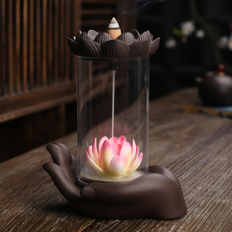 ATELIER-TIBET – Porte-Encens Main de Bouddha Lotus Éveil en Argile Pourpre avec LED