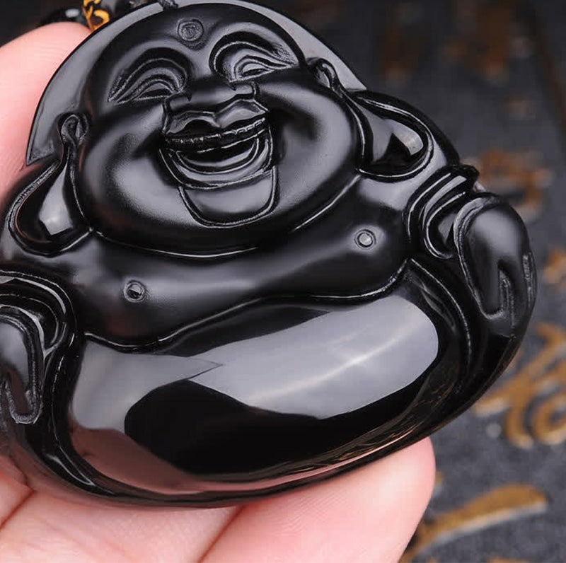 ATELIER-TIBET – Pendentif Bouddha Rieur en Obsidienne Noire Naturelle