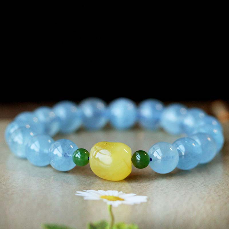 ATELIER-TIBET – Bracelet Sérénité en Aigue-Marine & Ambre Naturels 8 mm | Harmonie & Apaisement Symbolique