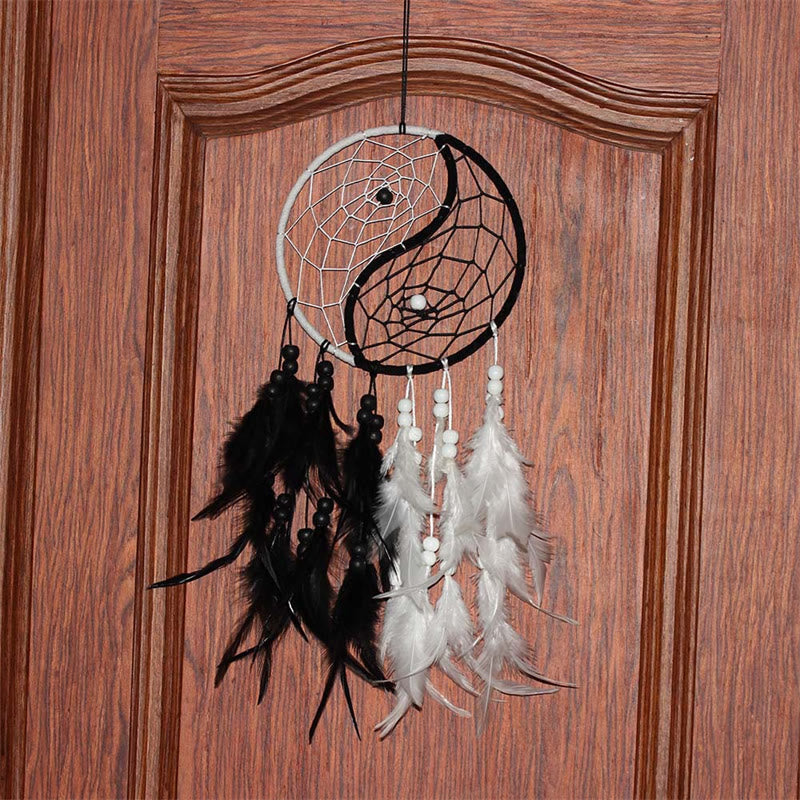 ATELIER-TIBET Attrape-rêves Yin Yang Filet circulaire avec plumes Décoration d'équilibre