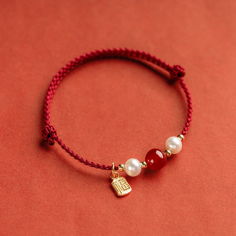 ATELIER-TIBET – Bracelet Fil Rouge en Argent Sterling 925 avec Symbole Fu (福)