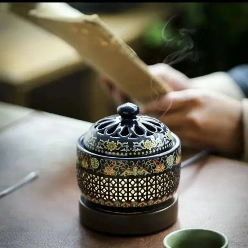 ATELIER-TIBET – Brûleur Électrique d’Encens Émaillé Bleu, Diffusion Poudre & Résine
