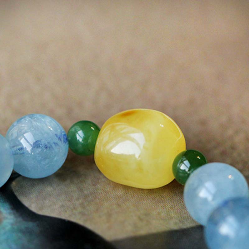 ATELIER-TIBET – Bracelet Sérénité en Aigue-Marine & Ambre Naturels 8 mm | Harmonie & Apaisement Symbolique