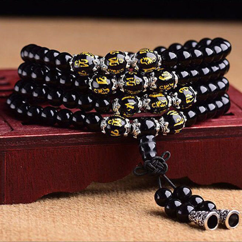 ATELIER-TIBET – Bracelet Mala de Protection en Obsidienne Noire 6 mm – Six Mots Sacrés