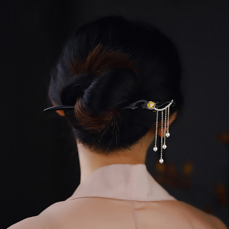 ATELIER-TIBET Pic à Cheveux Ébène & Perles Jaunes 18cm