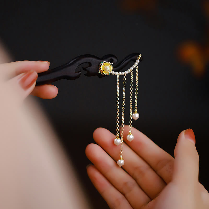 ATELIER-TIBET Pic à Cheveux Ébène & Perles Jaunes 18cm