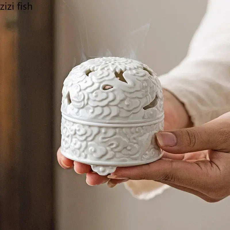 ATELIER-TIBET – Brûleur d’Encens en Céramique Blanche, Nuages & Ambiance Zen