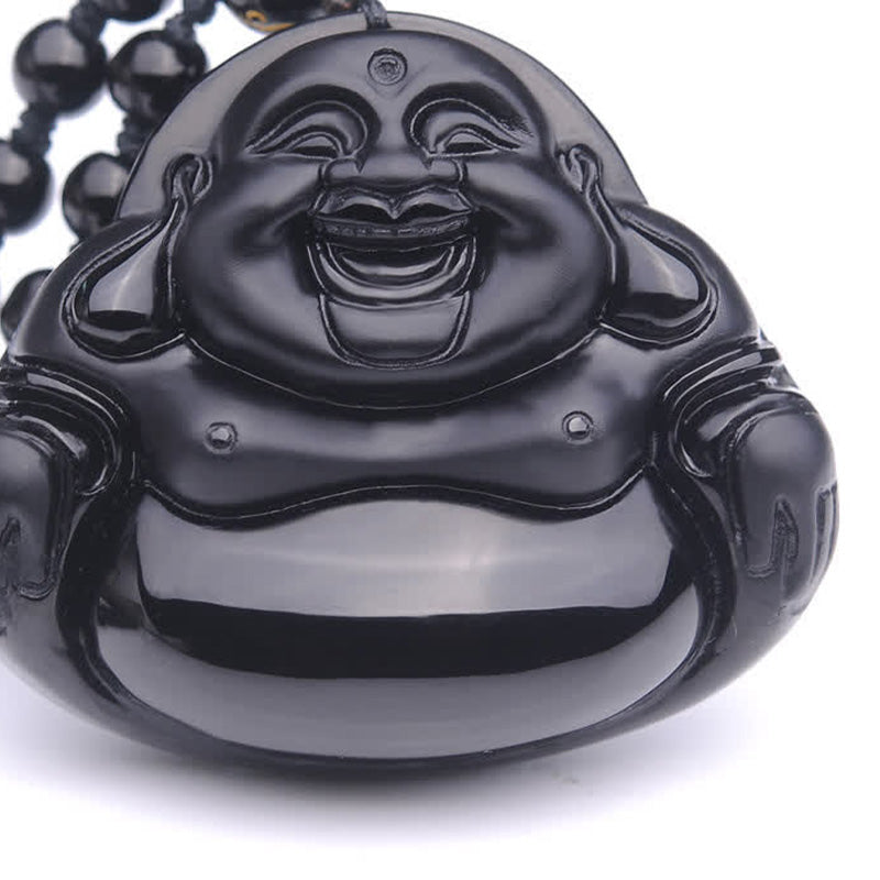ATELIER-TIBET – Pendentif Bouddha Rieur en Obsidienne Noire Naturelle