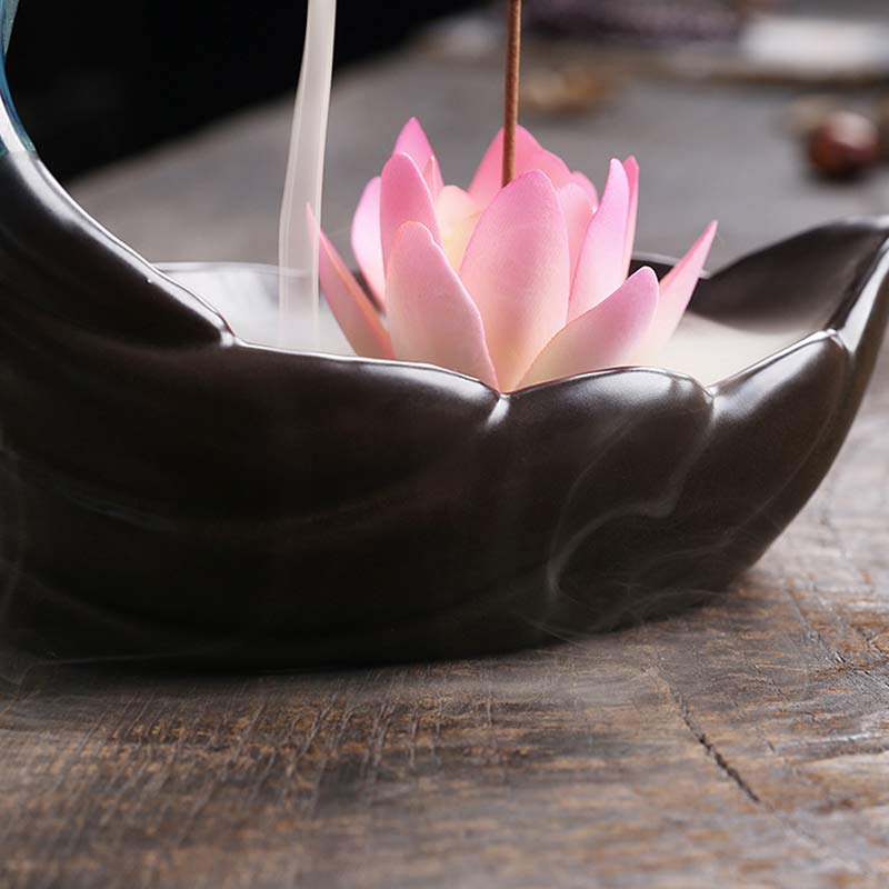 ATELIER-TIBET Brûleur d'encens de méditation en céramique Buddha Stones Little Deer Lotus