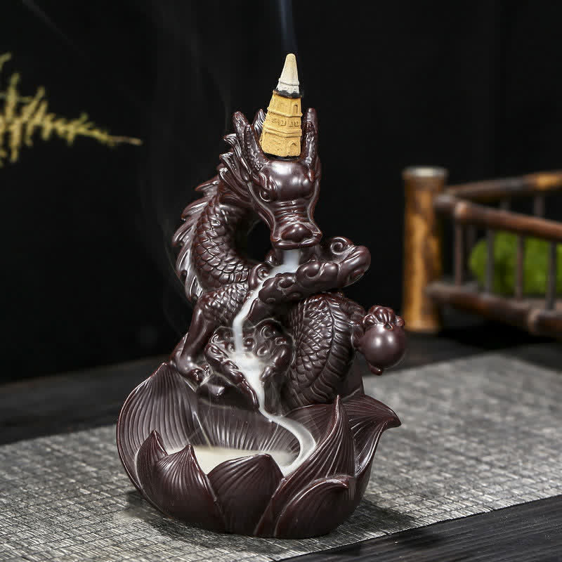 ATELIER-TIBET Brûleur d'encens en céramique à motif de dragon et de lotus