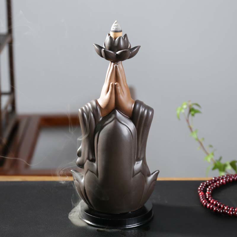 ATELIER-TIBET Brûleur d'encens à reflux en céramique Bouddha Avalokitesvara Chenrezig Ksitigarbha avec bénédiction du lotus