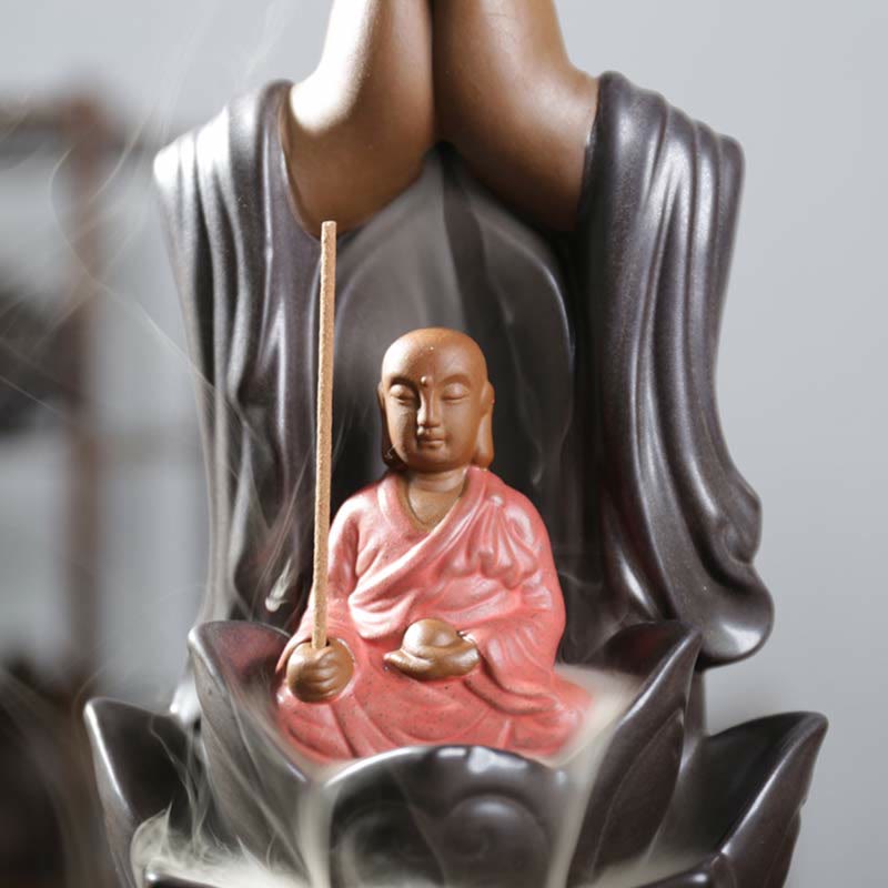 ATELIER-TIBET Brûleur d'encens à reflux en céramique Bouddha Avalokitesvara Chenrezig Ksitigarbha avec bénédiction du lotus