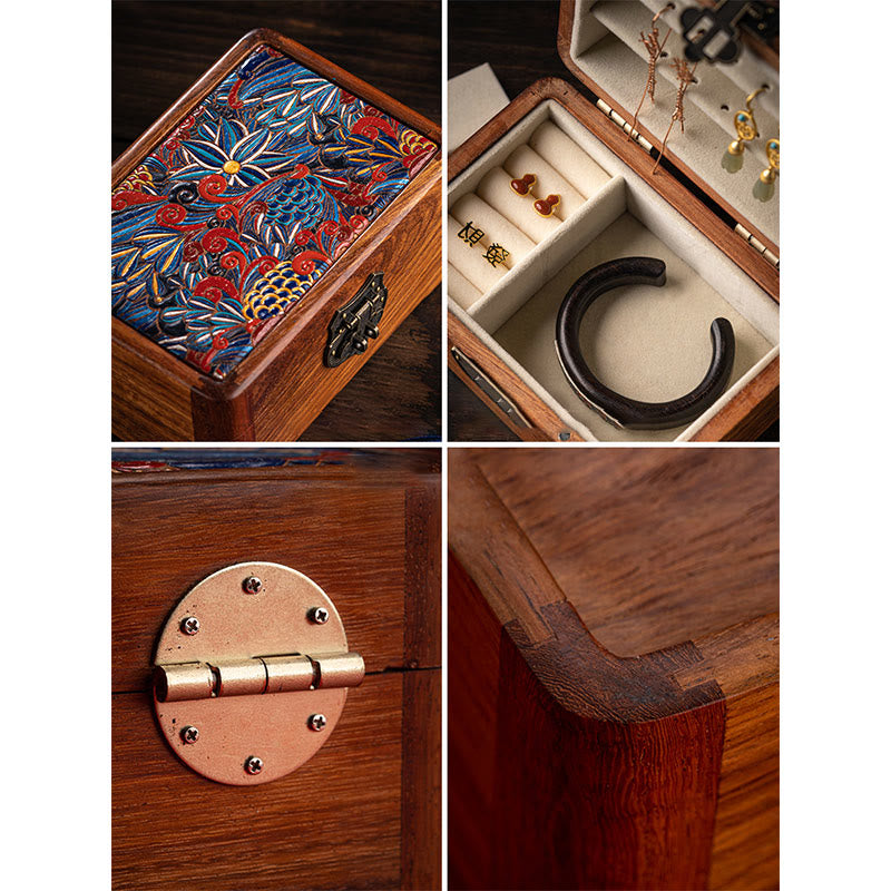 ATELIER-TIBET Boîte de rangement de bijoux en bois de rose à motif floral rétro faite à la main, boîte de rangement verrouillable en bois pour cadeaux