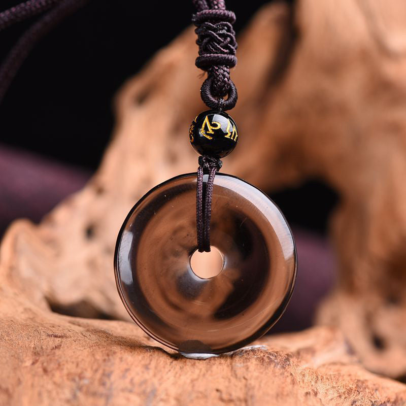 ATELIER-TIBET – Collier de Protection en Obsidienne Naturelle – Pendentif Circulaire Triple Pierre – Unisexe