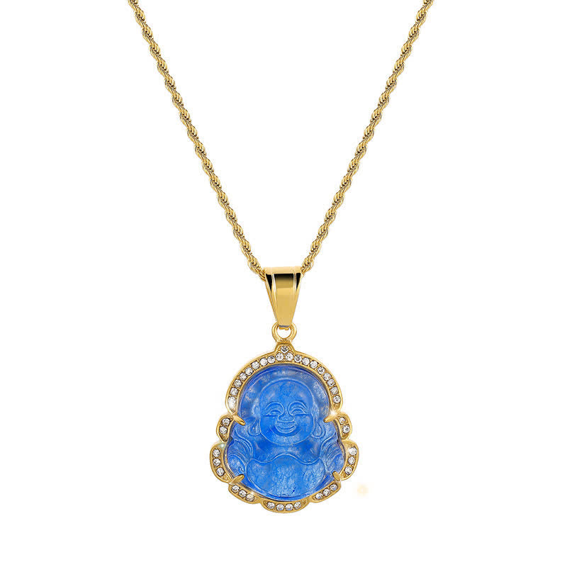 ATELIER-TIBET Pendentif Bouddha Rieur en Jade & Plaqué Or 18K – 45+7 cm