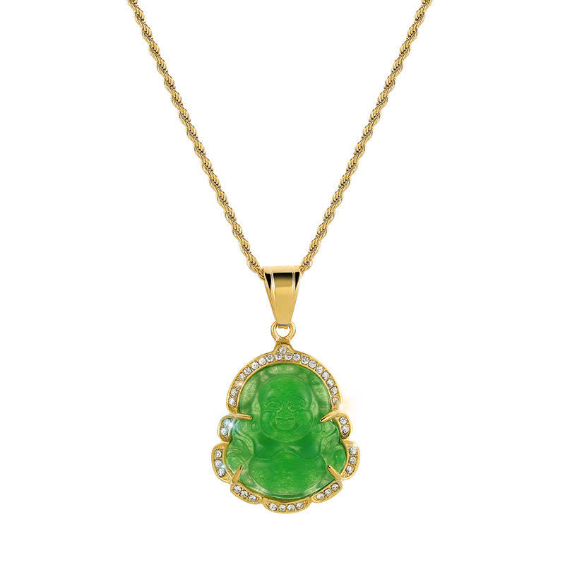 ATELIER-TIBET Pendentif Bouddha Rieur en Jade & Plaqué Or 18K – 45+7 cm