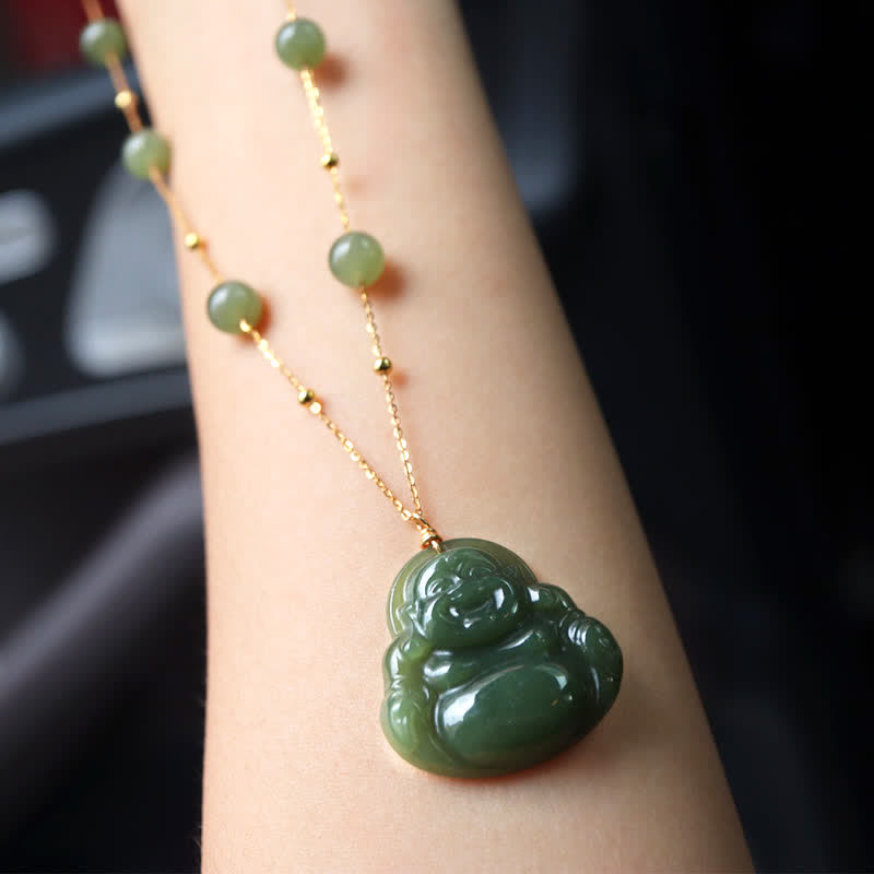 ATELIER-TIBET Collier Chance en Jade Hetian & Bouddha Rieur – 70 cm