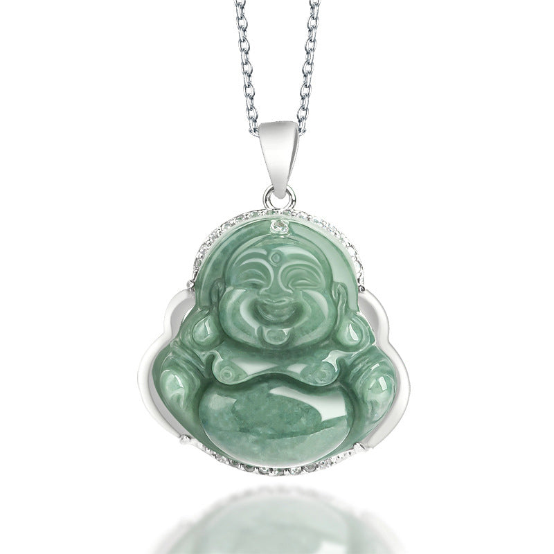 ATELIER-TIBET Collier Bouddha Rieur en Jade & Argent 925 – 45 cm