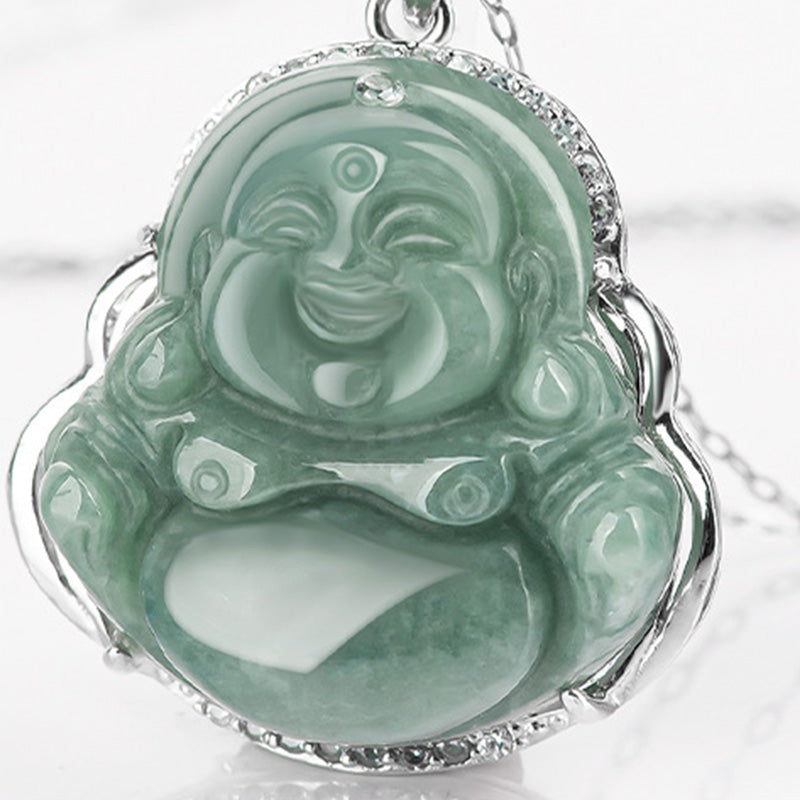 ATELIER-TIBET Collier Bouddha Rieur en Jade & Argent 925 – 45 cm