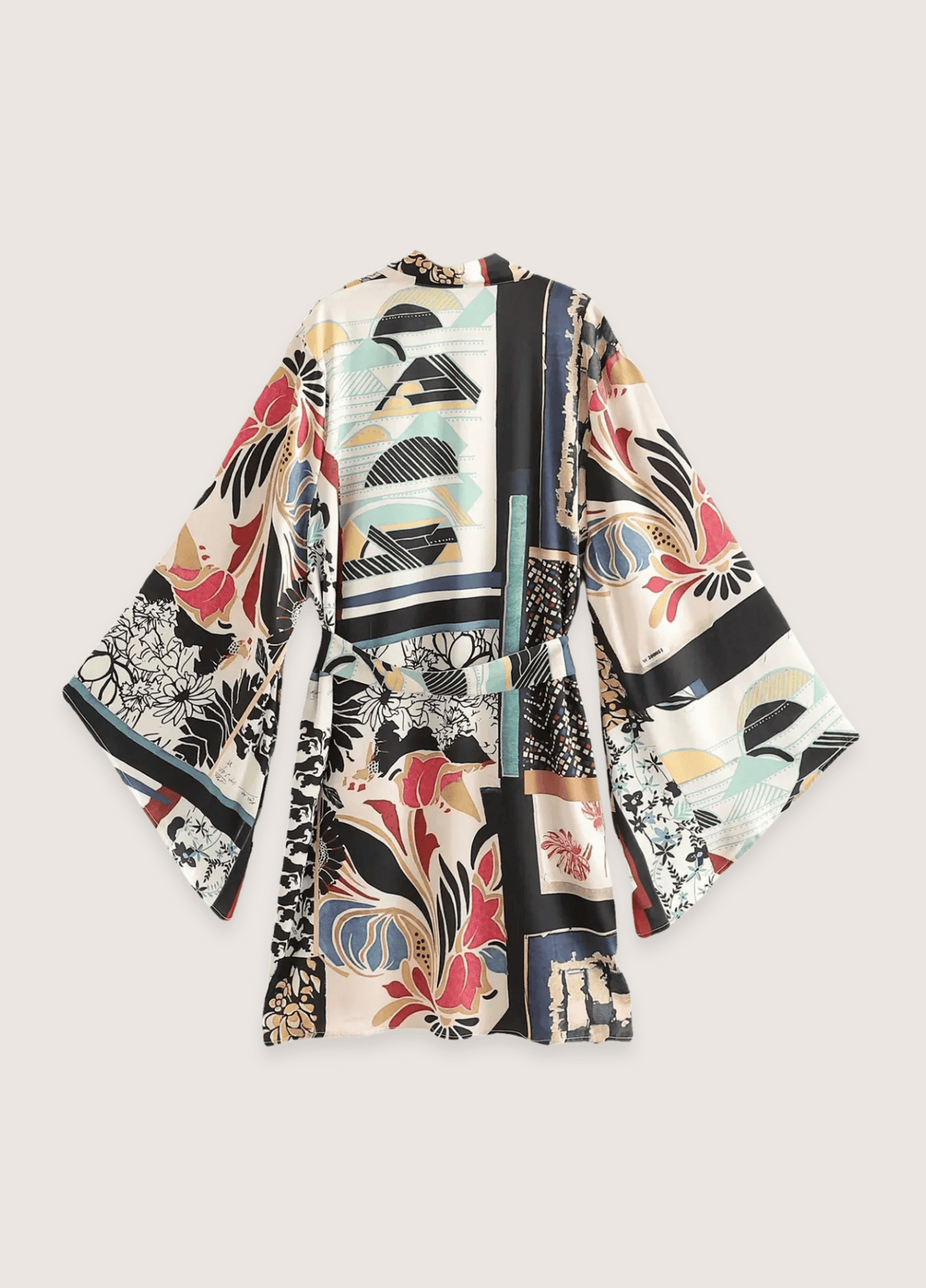 Kimono court femme soie motif pivoine multi – Kintsugi