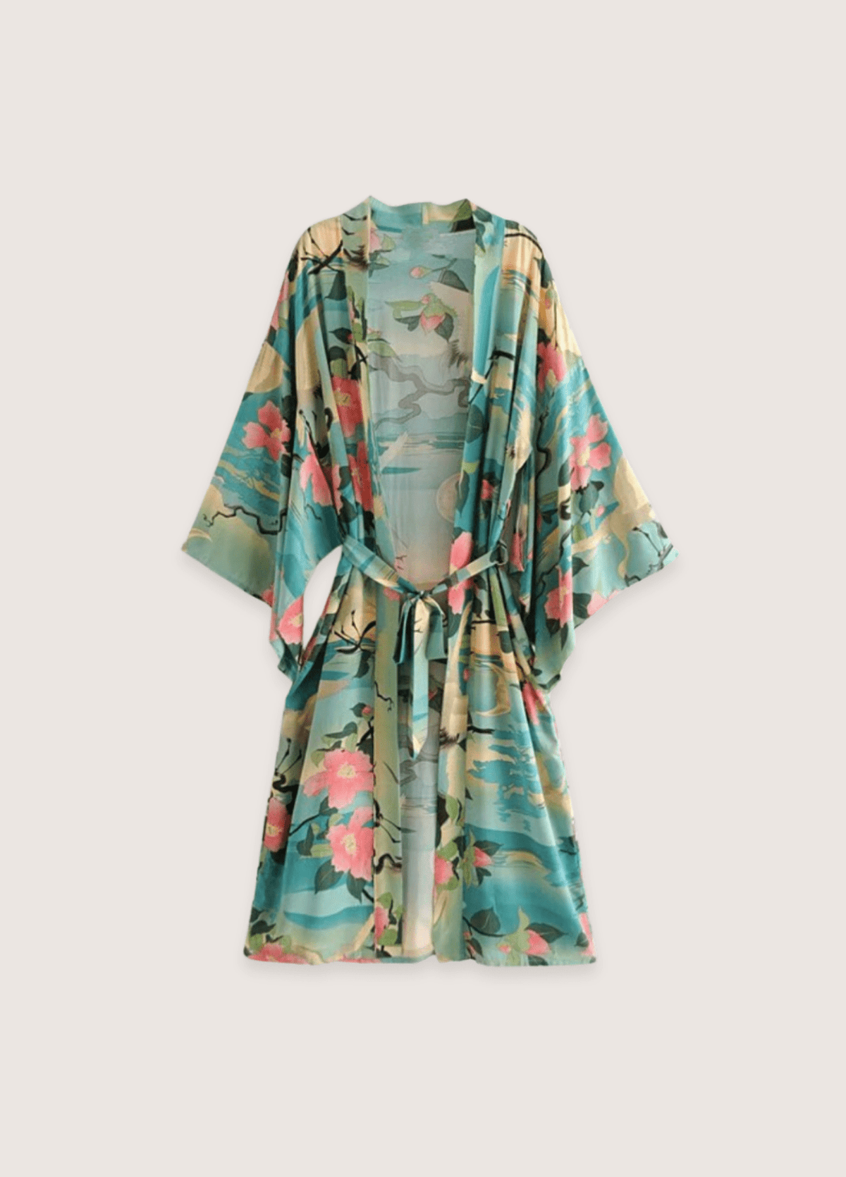 Kimono long femme coton motif cerisier vert – Évasion Tropicale