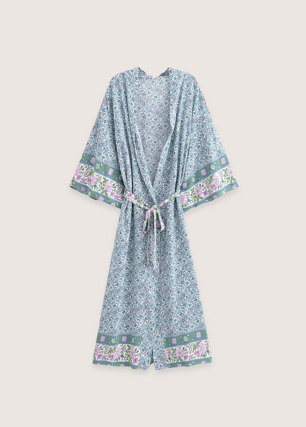 Kimono long femme motif pivoine turquoise – Floral Turquoise