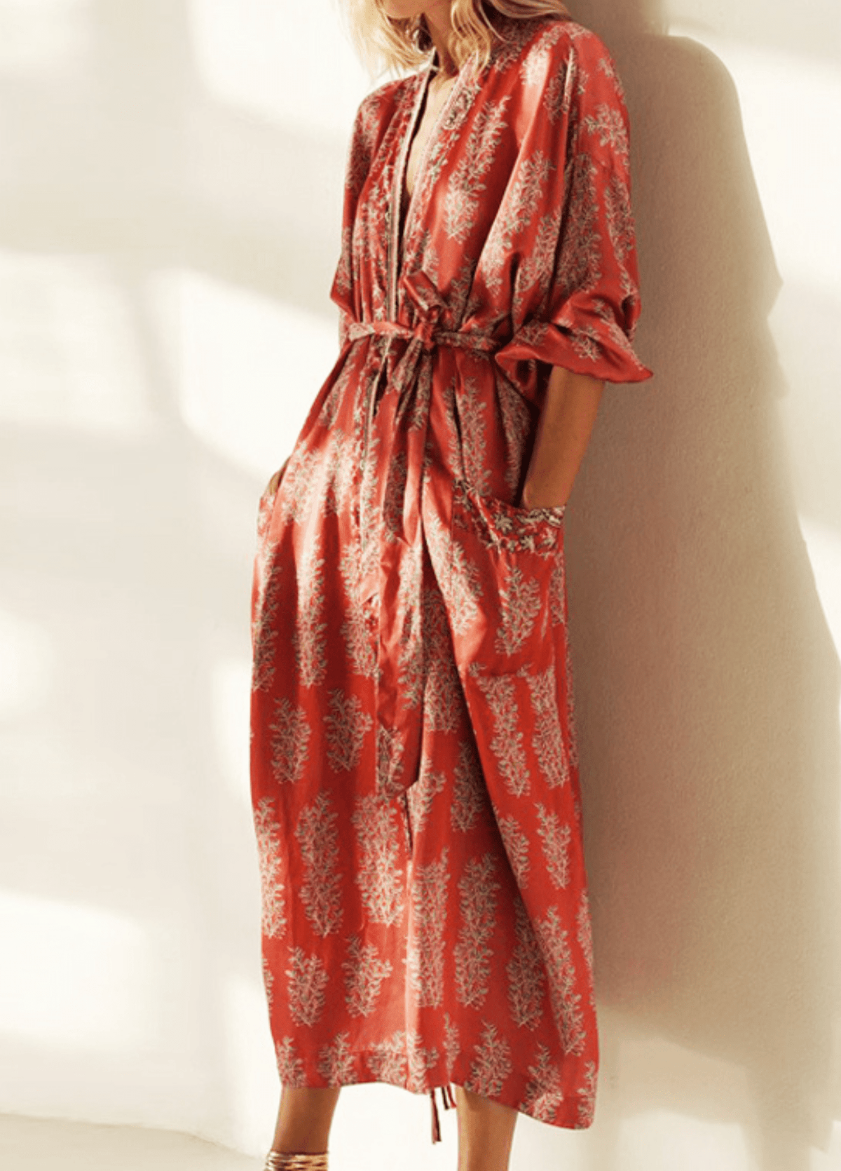 Kimono long femme floral rouge