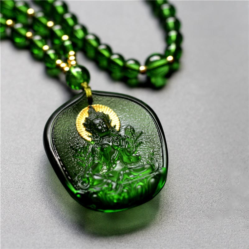 ATELIER-TIBET Pendentif Tara Verte en Cristal Liuli – Amulette de Protection Spirituelle (46 mm)